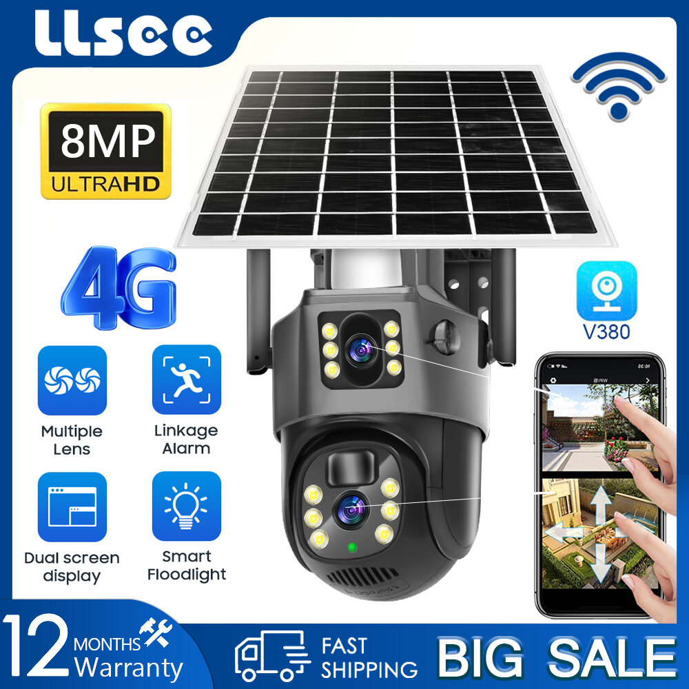 LLSEE v380 pro 8MP 4K, dual lens 4G SIM card solar CCTV camera, built-in battery, wireless CCTV WIFI camera monitoring, IP security camera. ราคา 800 บาท*ส่งฟรี