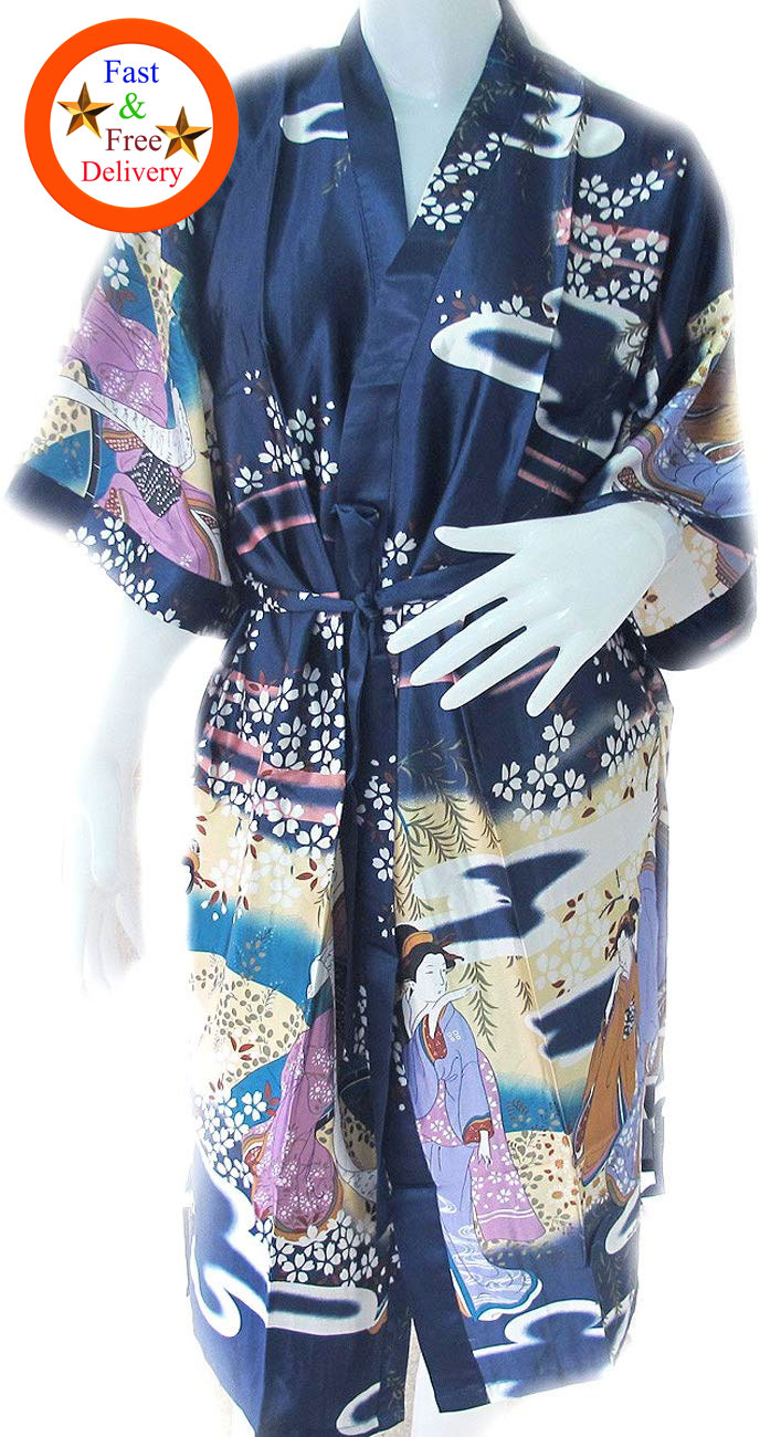 Robe สไตล์ กิโมโน ผ้า Stain ใส่นุ่มเย็นสบาย เกอิชา (ผู้หญิงญี่ปุ่น) เหมาะกับใส่เล่นอยู่บ้าน ใส่นอน เดินชายหาด ริมสระน้ำ สีกรมทา