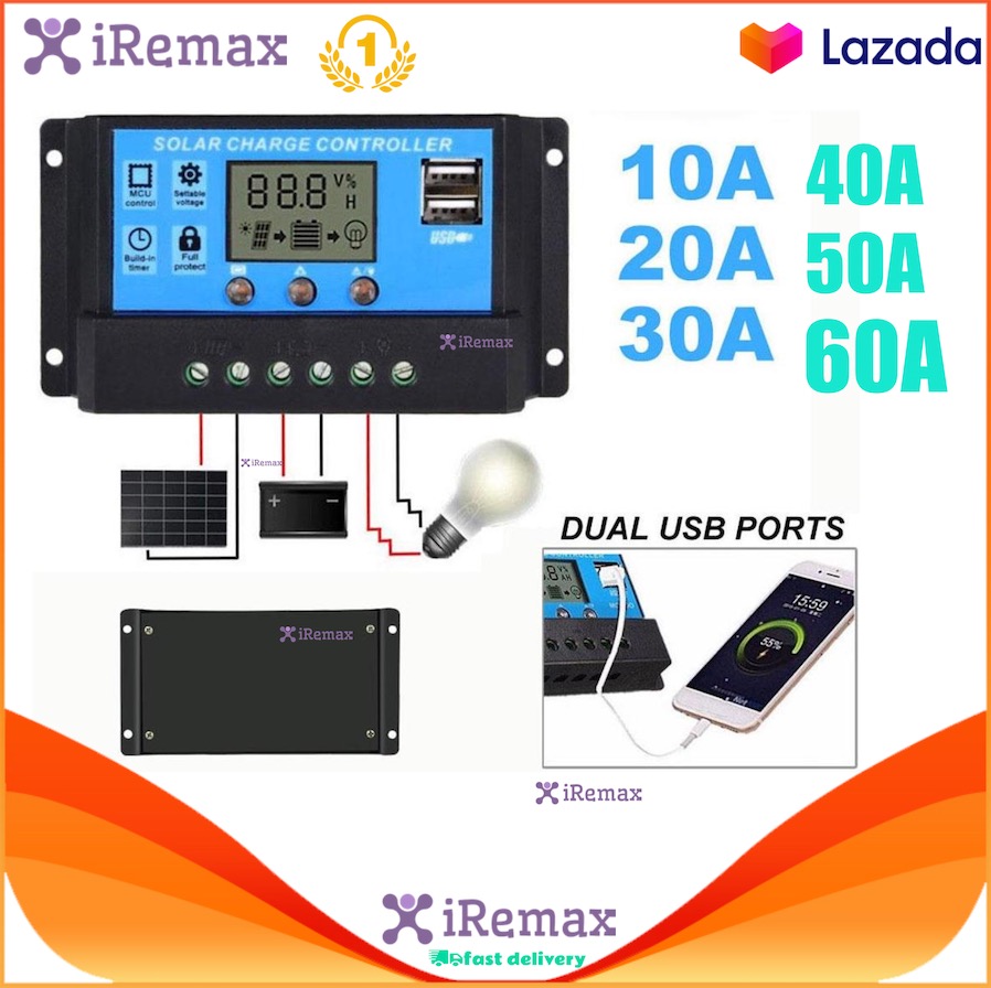 iRemax โซล่าชาร์จคอนโทรลเลอร์ 12V/24V PWM มีให้เลือกทั้ง 10A/20A/30A/40A/50A/60A Solar charge controller Simpler