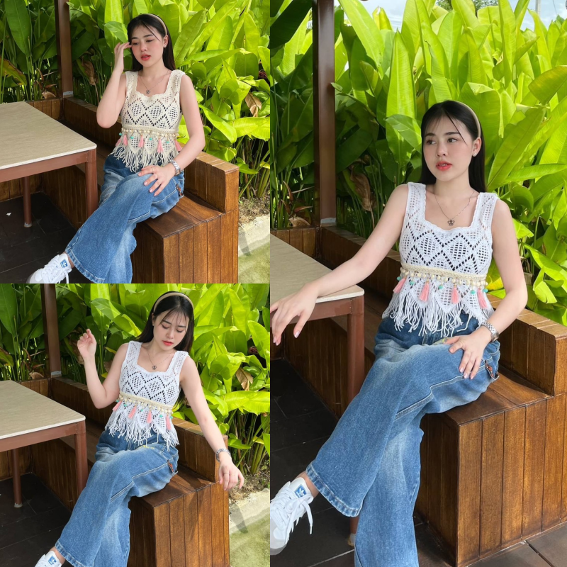 🌈SpinnyHouse🌈เสื้อกล้าม ผ้าด้ายสานลายฉลุ ขอบชายแต่งฝอย 🥑 งานเส้นด้ายนุ่ม สไตล์มินิมอล สาววินเทจ น่าร้าก รุ่น กล้วยอ่อน ราคา 168 บาท*ส่งฟรี