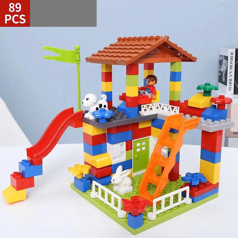 Sunsun Store:89pcs บล็อกตัวต่อปราสาทของเล่น House Roof ต่อเลโก้เข้ากันได้กับ Duplo สไลด์BWJ001