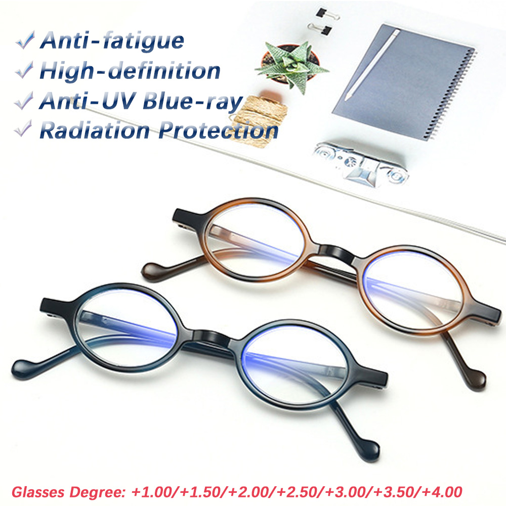 ad8t2   แว่นอ่านหนังสือทรงกลมย้อนยุค PC น้ำหนักเบาพิเศษ    ป้องกันรังสีอัลตราไวโอเลตสีน้ำเงินความละเอียดสูงลดความเมื่อยล้าตาแว่นตาแบน +1.0