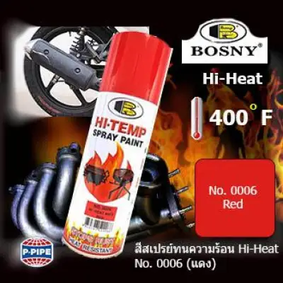 ฺBosny สีสเปรย์ทนความร้อนสูง Hi-Heat 400°F(204°C) No.0006(Red) ขนาด 400 ml ใช้พ่นท่อไอเสีย ตะแกรงเตาปิ้ง