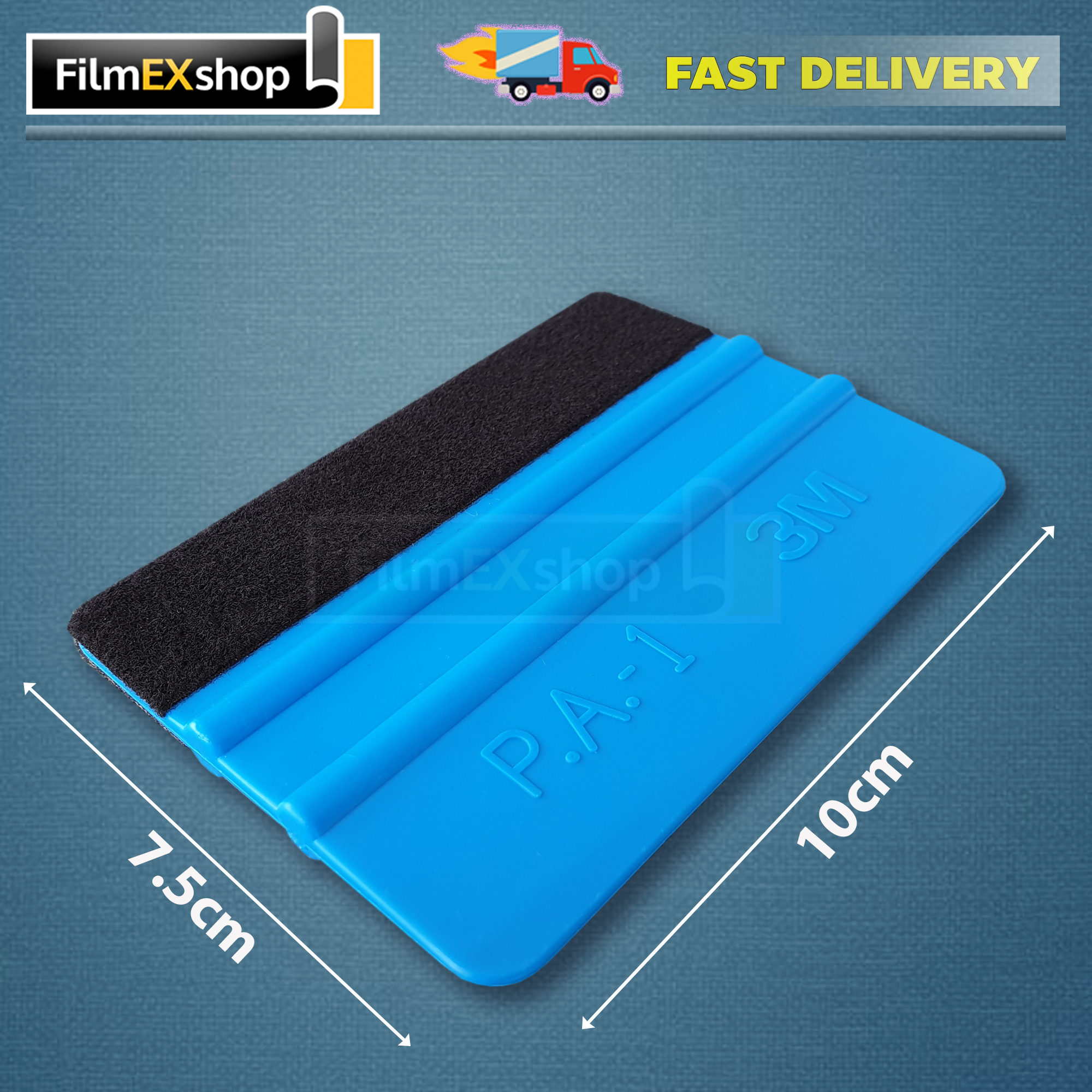 ยางรีดสติ๊กเกอร์ 3M P.A.-1  ขนาด 7.5x10cm หุ้มผ้าสีดำหนึ่งข้าง  สีฟ้า  (แบบอ่อน)