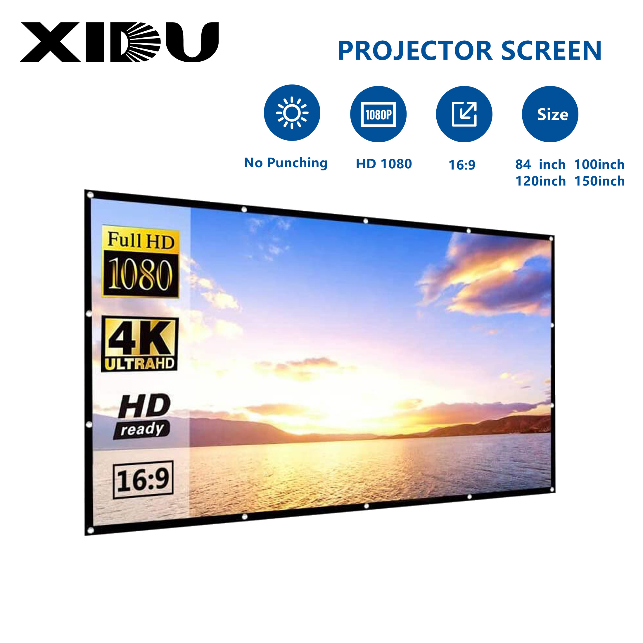 Projector Screen Simple Folding Portable 16:9 Anti-light Curtain 84 / 100/ 120/ 150 inch No Punching Projector Screen Wall Mounted White ราคา 356 บาท*ส่งฟรี