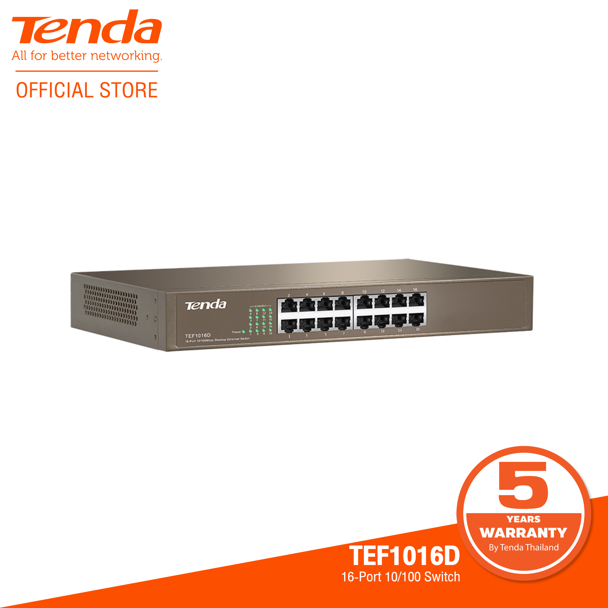 Tenda TEF1016D / Switch / 16-Port 10/100 Switch ทำจากโลหะ สามารถเข้า Rack ได้ MAC Address 4K Switch Capacity 3.2 Gbps