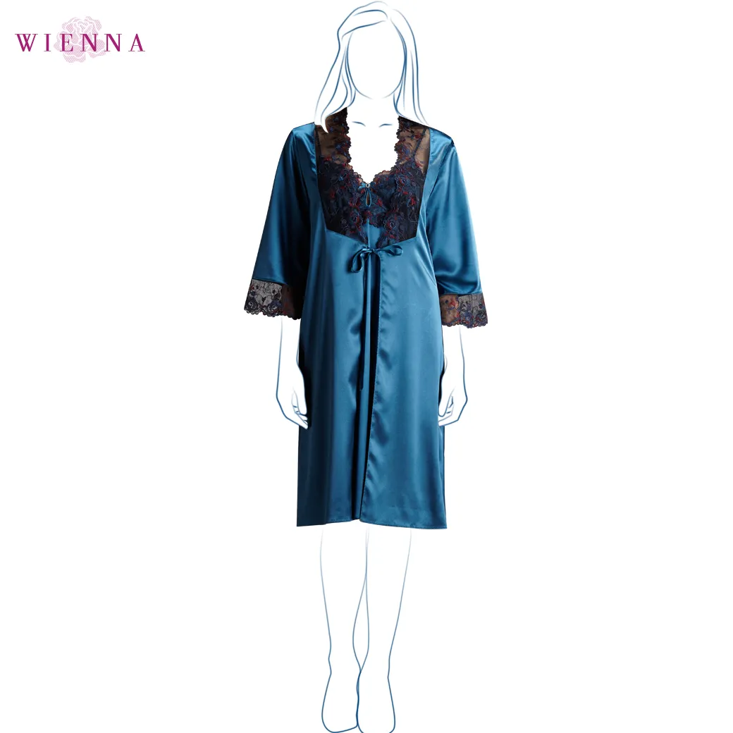 Wienna DN70209 ชุดนอน เวียนนา Sleepwear ชุดนอน Robe 5 Years Younger  เสื้อคลุม แขน 3 ส่วน ผ้าซาติน ไซซ์ F สีแดงมะเหมี่ยว , ฟ้าคราม