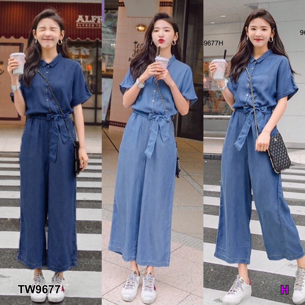 9677 Jumpsuit จั๊มสูท ยีนส์เทียม ผูกเอว