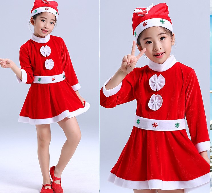 CB❤️สินค้าพร้อมส่ง❤️ ชุดซานตาครอสเด็กผู้หญิง  หมวก เนื้อผ้ากำมะหยี่ (สีแดง) รุ่น A90