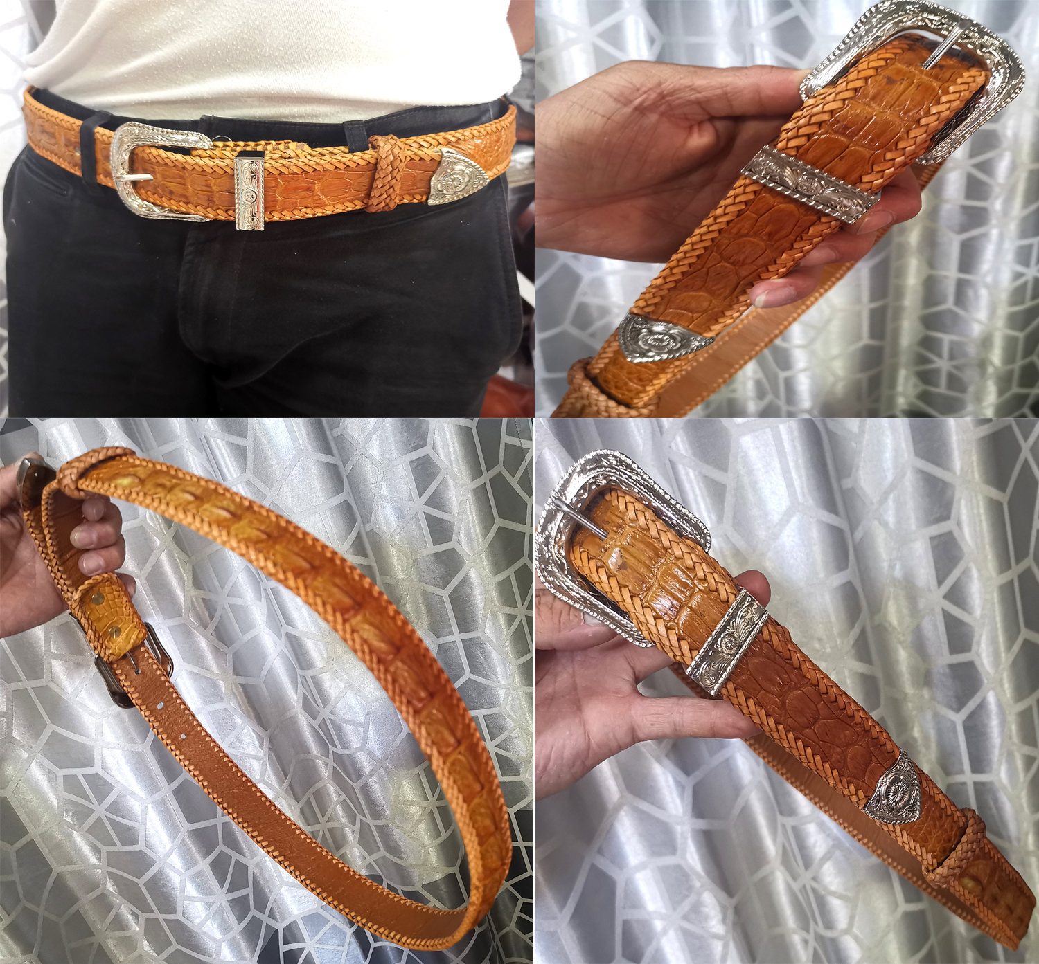 เข็มขัดหนังจระเข้แท้ๆ กระดูกเดี่ยว ถักขอบตลอดเส้น สไตน์หัวชุด ราคา 1,800 บาท*ส่งฟรี