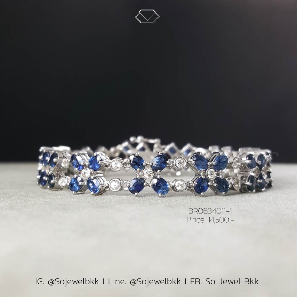 สร้อยข้อมือไพลิน(Blue Sapphire) สร้อยข้อมือพลอยแท้ สร้อยข้อมือเงินแท้ เงินแท้925 ดอกไม้ ตัวเรือนชุบทองคำขาว ความยาว18ซม.รหัสสินค้าฺBR0634011-1