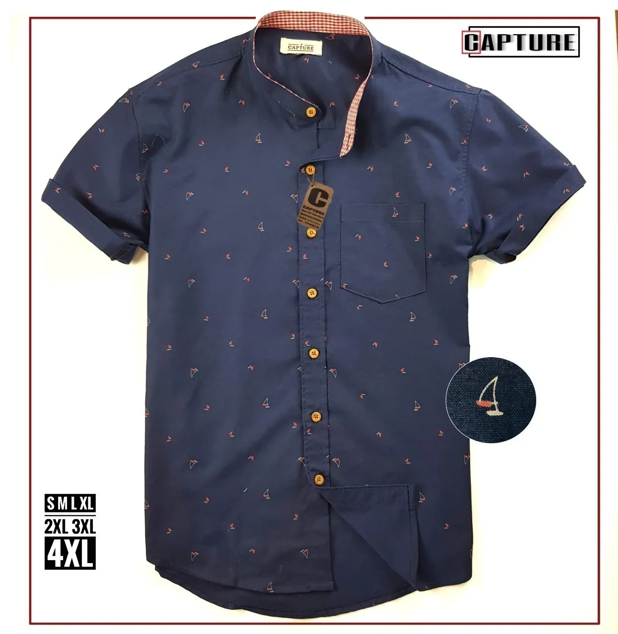 Capture Shirt เสื้อเชิ้ตผู้ชาย คอจีน แขนสั้น oxford ลายเรือใบ สีกรม มีถึงอก 48 นิ้ว