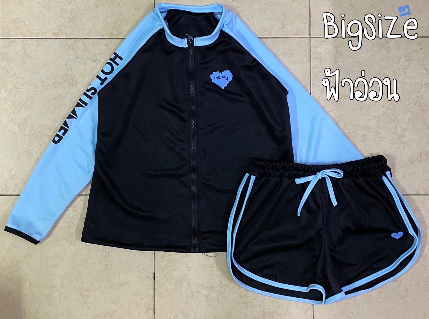 ชุดว่ายน้ำคนอ้วน ชุดว่ายน้ำ Big size รุ่นกางเกง-เสื้อซิปหน้าลายหัวใจ