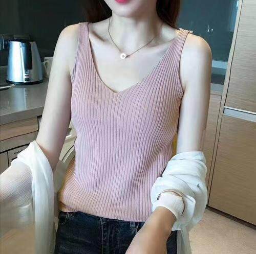 Best clothesเสื้อกล้ามไหมพรมคอวีทรงรัดรูปสไตล์เกาหลีแขนกุดสำหรับผู้หญิง(พร้อมส่ง/ใหม่)รุ่น#003