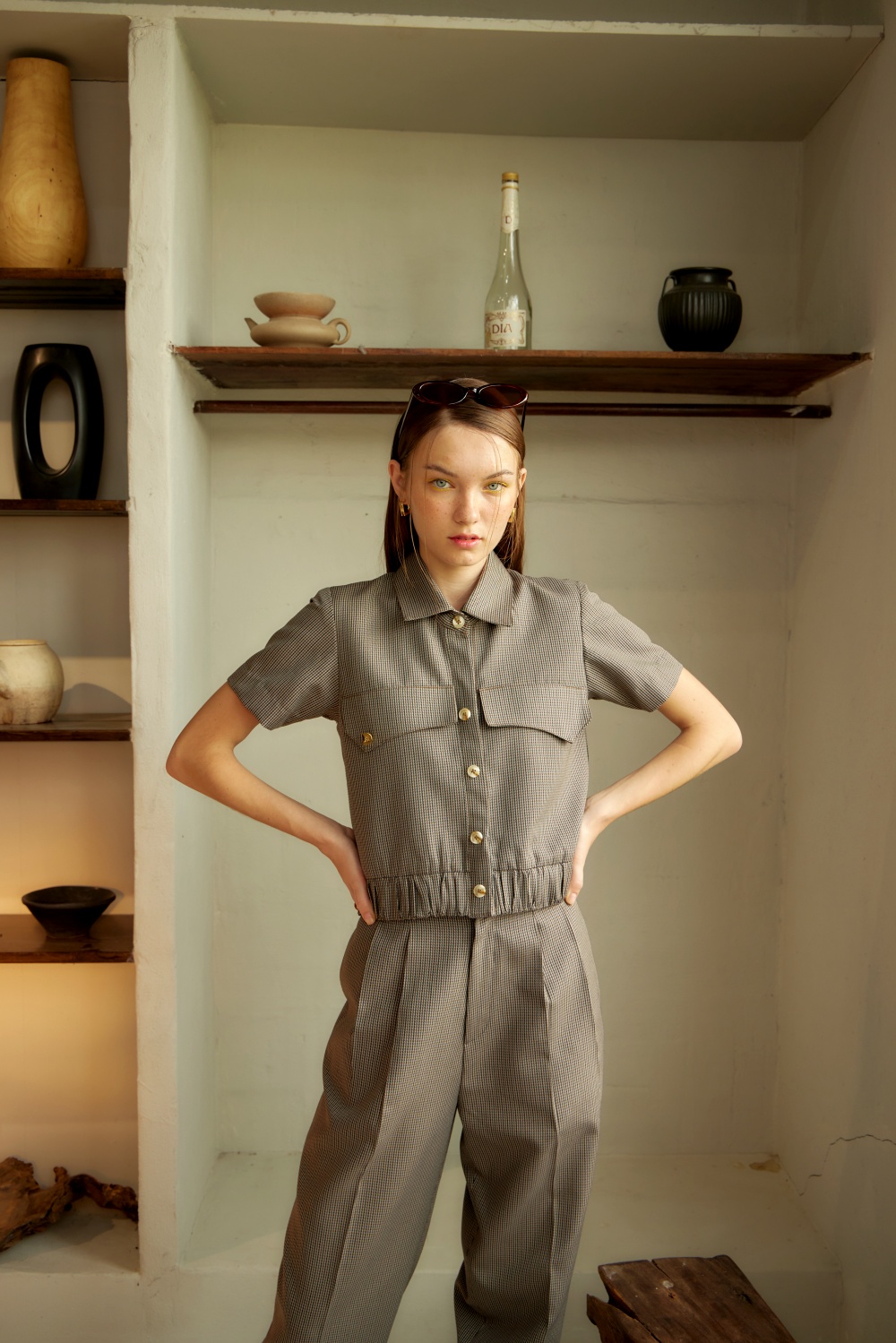 Margaret Houndstooth Top เสื้อเชิ้ตแต่งรูดจีบผ้า SUITING ราคา 1,225 บาท*ส่งฟรี