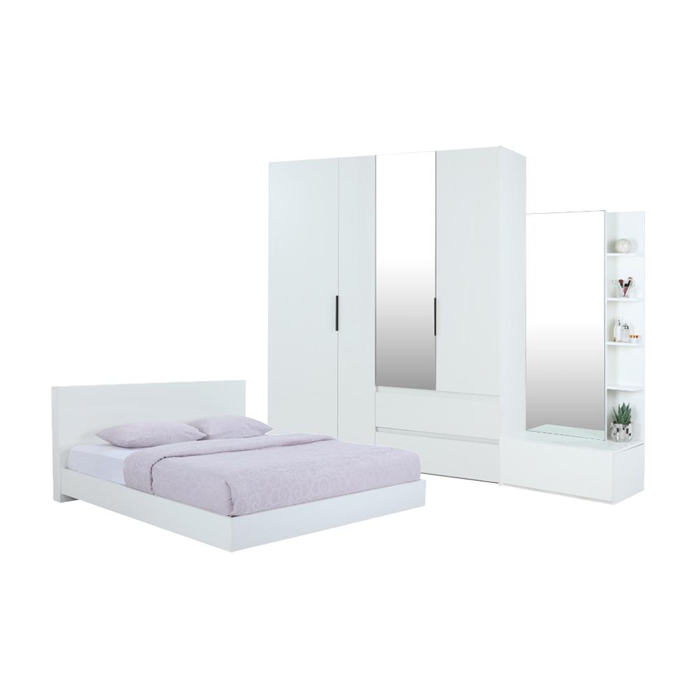 INDEX LIVING MALL ชุดห้องนอน รุ่น MAZZIMO ขนาด 6 ฟุต พื้นเตียงซี่ (ตู้เสื้อผ้า 4 บานประตู + โต๊ะเครื่องแป้ง) - สีขาว