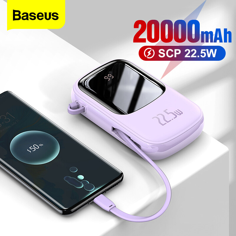 Baseus Mini 20W / 22.5W 20000mAh Power Bank สายเคเบิลในตัว Quick Charge PowerBank จอแสดงผลดิจิตอลเครื่องชาร์จแบตเตอรี่ภายนอกสำหรับ iPhone 12 Pro Max Huawei Xiaomi Samsung