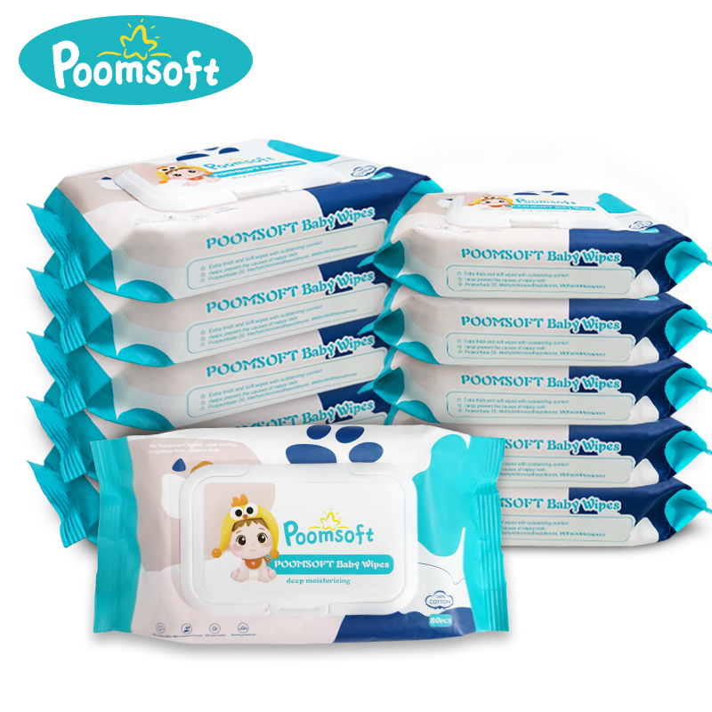 Poomsoftแพ็คเกจเล็ก ผ้าเช็ดทำความสะอาดเด็ก ทิชชู่เปียกขนาด 80 ชิ้น 50 แพ็ค (4000 ชิ้น) เด็กผู้ชาย เด็กหญิง BABY wipes