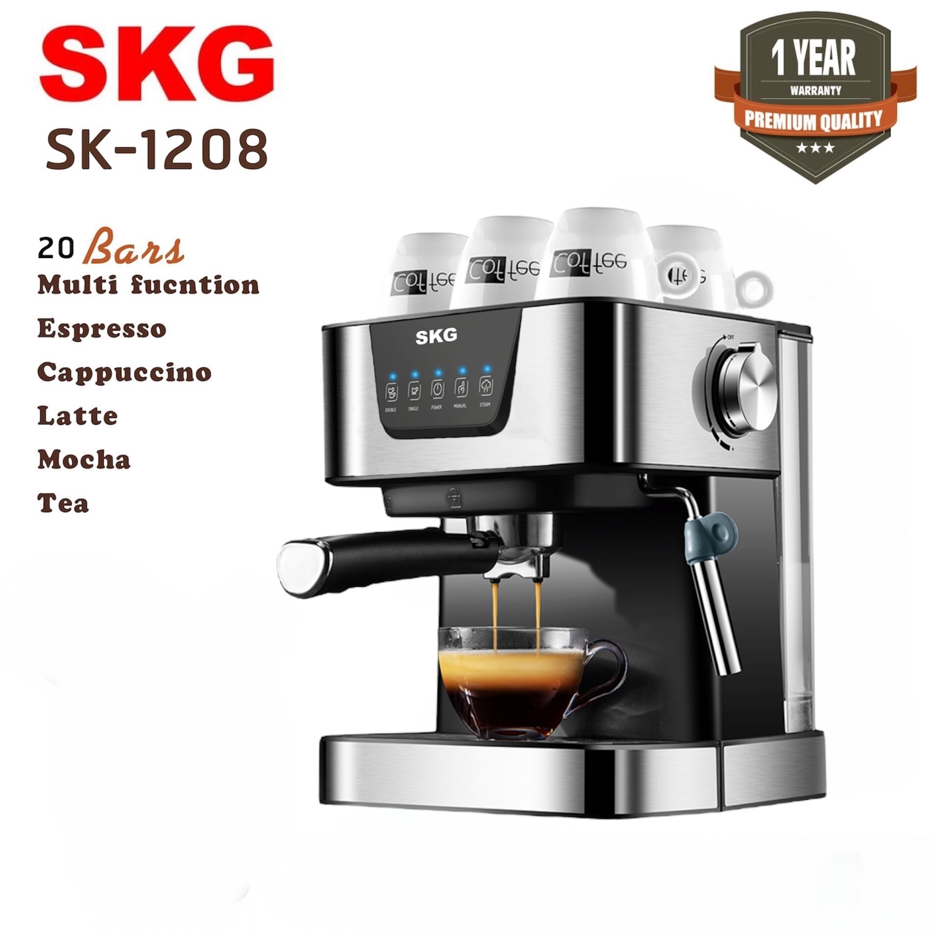 SKG เครื่องชงกาแฟสด รุ่น SK-1208 (สามารถตั้งเวลาการชงกาแฟได้) แถมฟรี ก้านชงกาแฟ,ถ้วยกรองกาแฟขนาด 1และ2 คัพ,ช้อนตักกาแฟ ราคา 2,591 บาท*ส่งฟรี