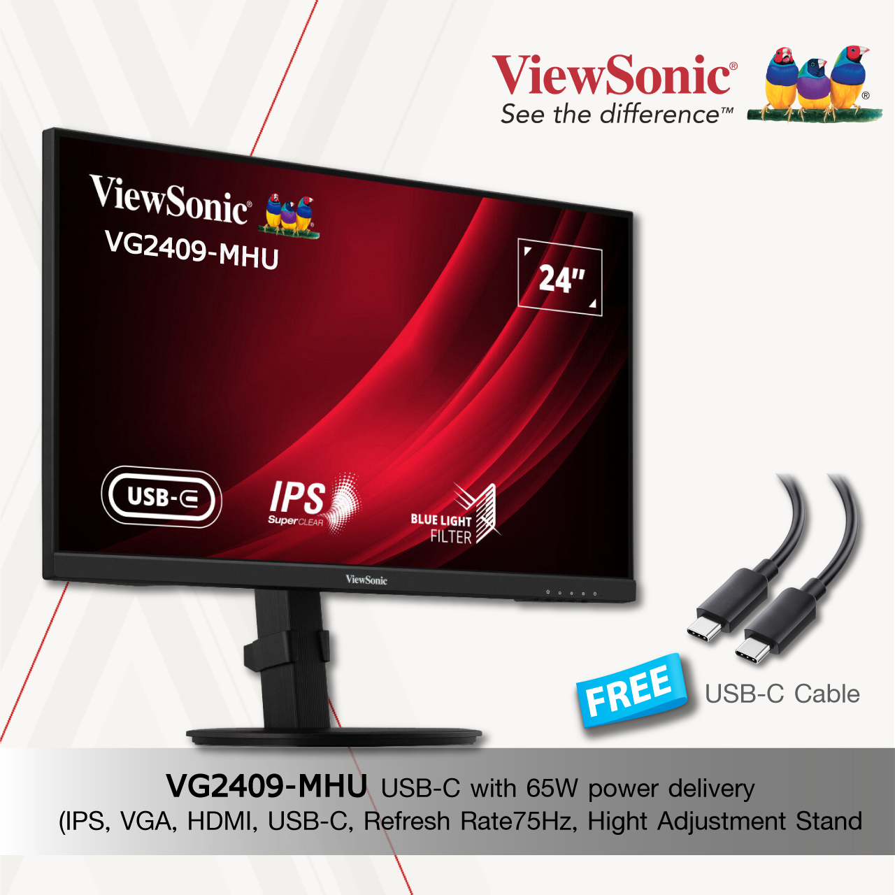ViewSonic VG2409-MHU Business and Ergonomic Monitors 24” IPS Full HD USB-C Monitor 75hz with Dual Speakers ราคา 3,890 บาท*ส่งฟรี