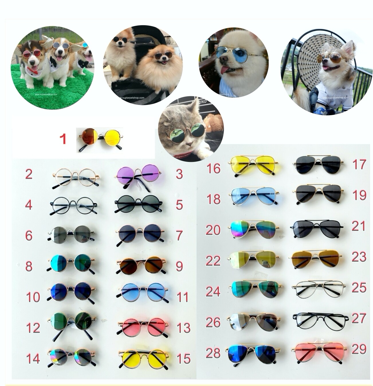 *มีสายรัด* แว่นตาสุนัข แว่นตาหมา แว่นตาแมว แว่นตา ทรงกลม และ ทรง Aviator  แว่นตาสำหรับสัตว์เลี้ยง แว่นหมา แว่นแมว ขนาดกว้าง 8-9 cm