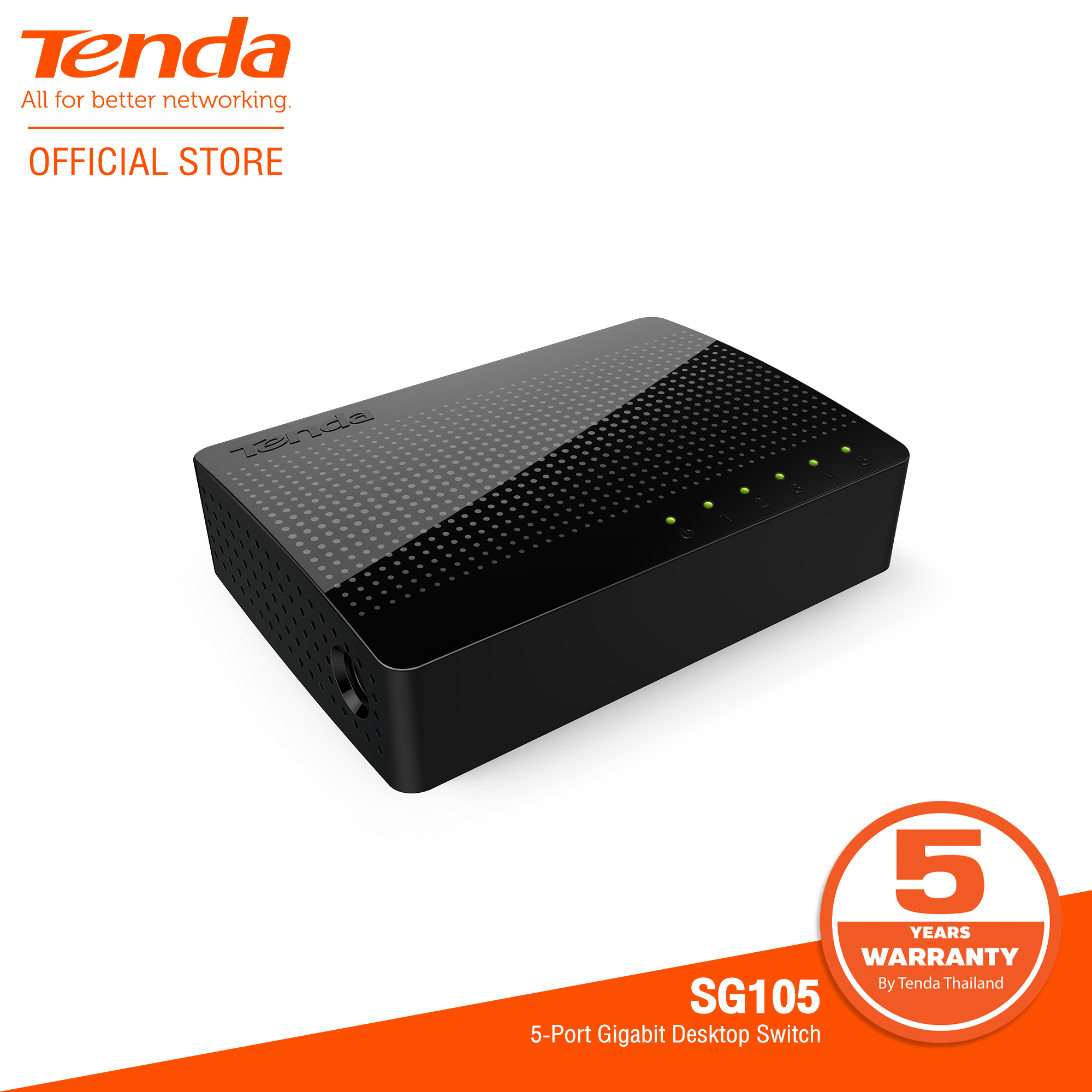 Tenda SG105 5-Port Desktop Gigabit Switch สวิตช์เครือข่ายอีเธอร์เน็ต LAN HUB มีพอร์ตเชื่อมต่อ 10/100/1000Mbps จำนวน 5 พอร์ต ใช้เพื่อสร้างเครือข่าย LAN หรือขยายเครือข่ายอัปลิงค์ เมื่อเทียบกับสวิตช์ 100M เพิ่มความเร็วในการส่งข้อมูลได้สูงสุด 10 ครั้ง