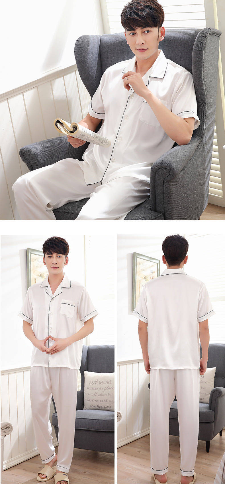 ชุดนอนผู้ชาย เเฟชั้นลายเกาหลี ผ้าซาติน เสื้อเเขนสั้น+กางเกงขายาว |  Lingerie.In.Th