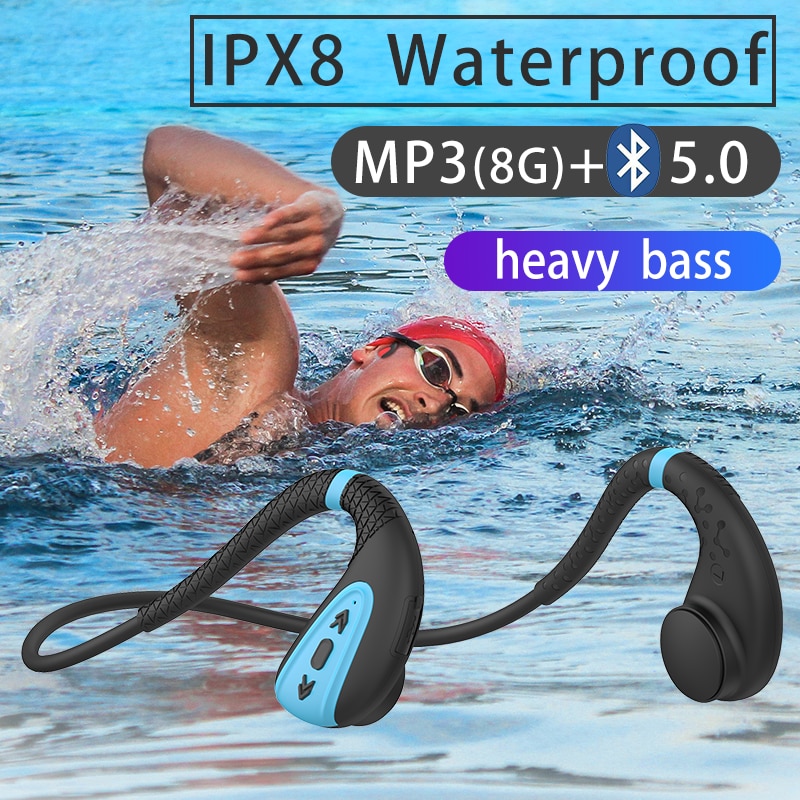 Q1 หูฟังการนำกระดูกหน่วยความจำในตัว 8G IPX8 เครื่องเล่นเพลง MP3 กันน้ำว่ายน้ำดำน้ำหูฟังสแตนด์บาย 15 วัน