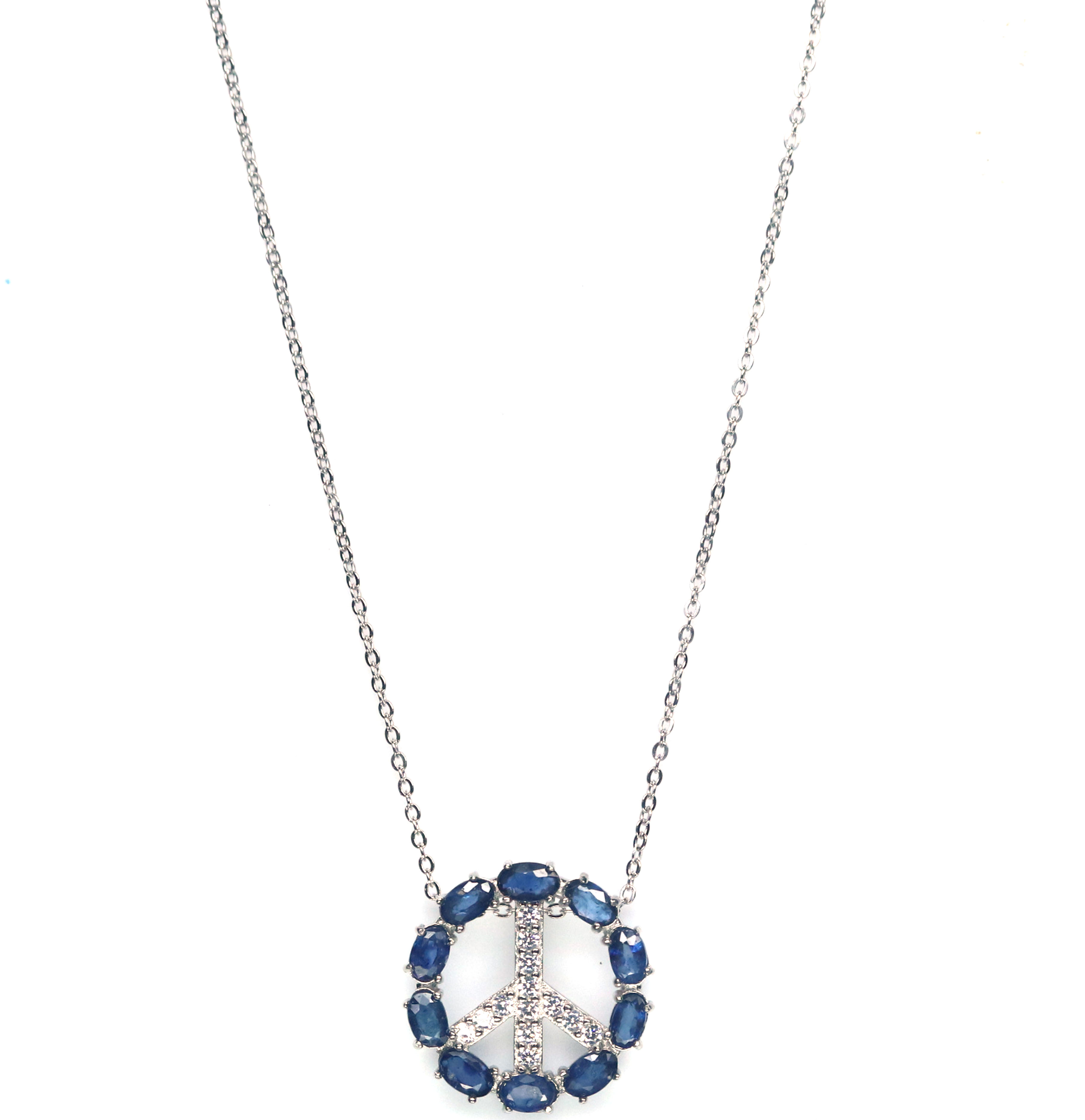 สร้อยคอพลอยแท้ ไพลิน-น้ำเงิน 3 x 5 mm. และ เพชร-cz เงินแท้ 925 ชุบทองคำขาว ราคา 2,400 บาท*ส่งฟรี