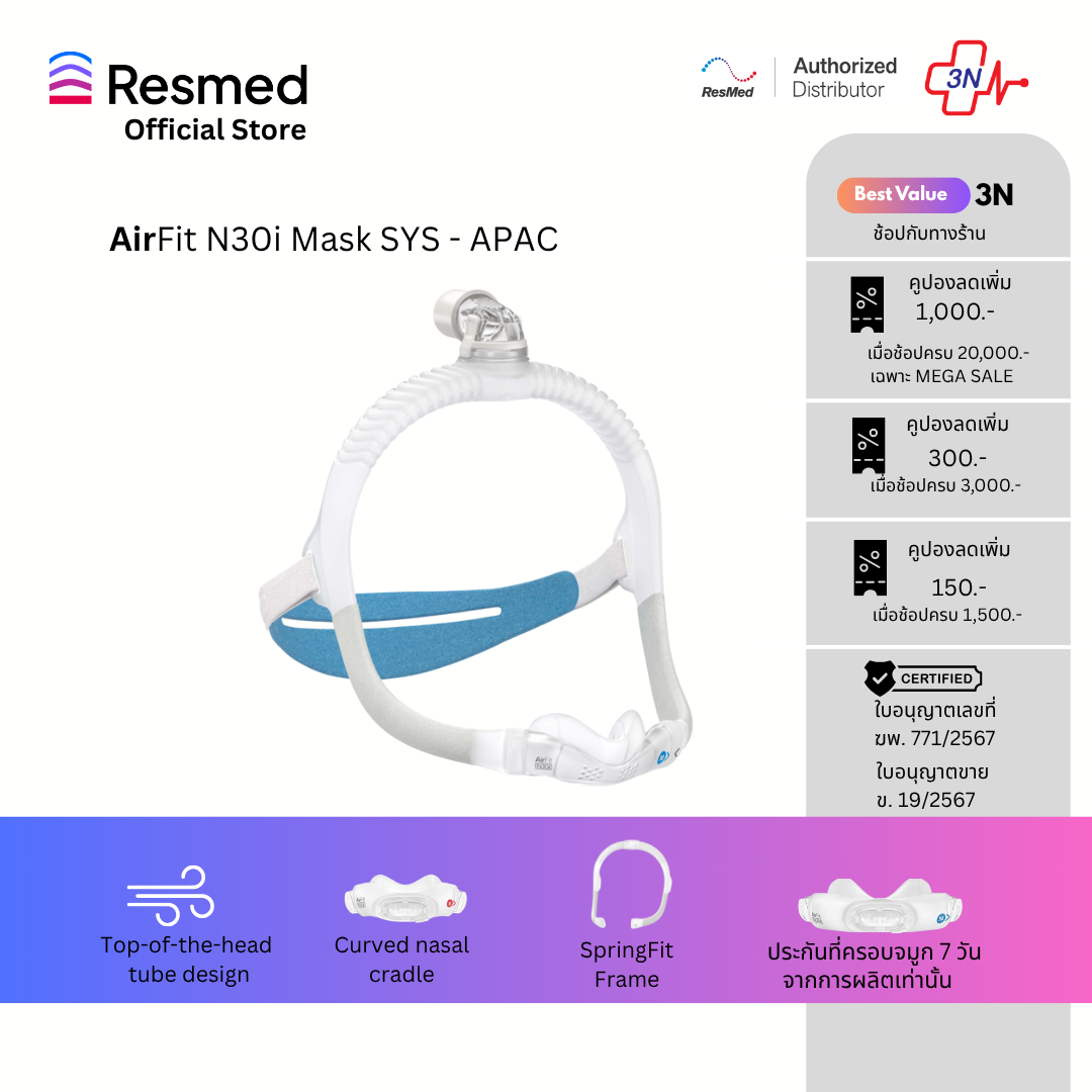ผลิตภัณฑ์เพื่อสุขภาพ ResMed Airfit N30I Std Stpk เอเชียแปซิฟิก ราคา 4,999 บาท*ส่งฟรี