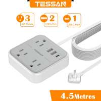 TESSAN Flat Plug Power Strip Extension Cord Extension Plug Widely Spaced Outlets 3 USB Ports Wall Mountable Compact Size Charging Station Power Adapter Outlet Extension  1250W/10A Long Cord for Home Office Phones