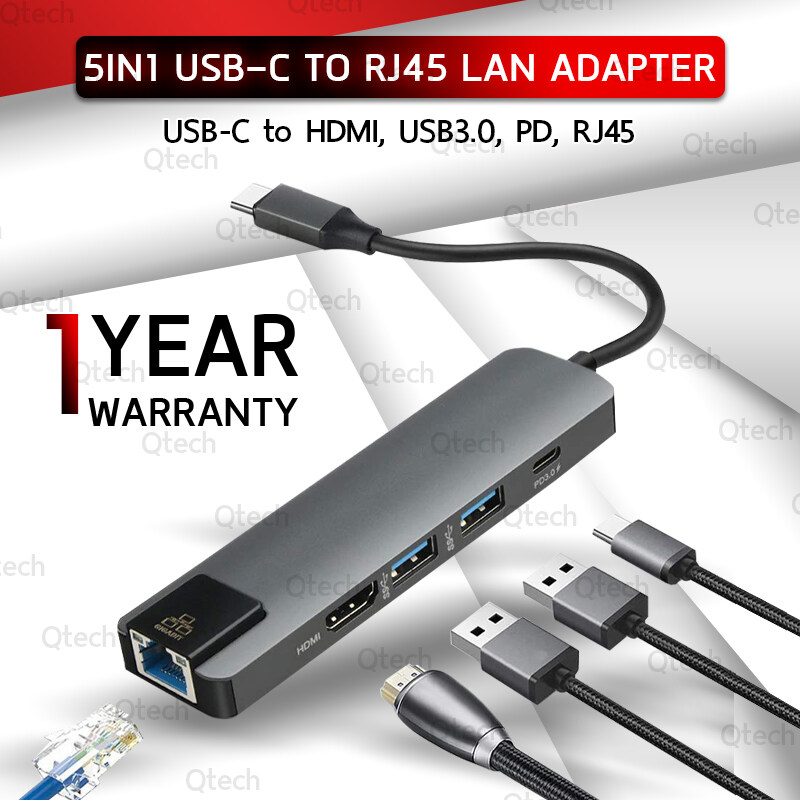 Qtech – รับประกัน 1 ปี - 5 In 1 อะแดปเตอร์ USB Type C Hub HDMI Rj45 Lan Adapter for MacBook Pro Thunderbolt 3, USB C to Gigabit Ethernet Adapter USB-C Charger Port รองรับ สมาร์ทโฟน คอมพิวเตอร์ แท็บเล็ต