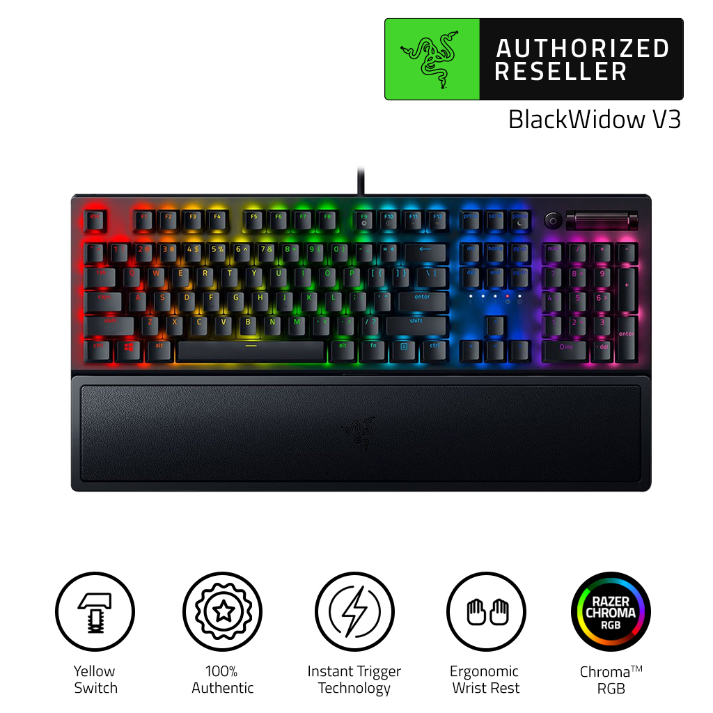 Razer BlackWidow V3 Mechanical Gaming Keyboard Chroma RGB Doubleshot ABS Keycaps Yellow Mechanical Switches (Linear & Silent) (คีย์บอร์ดเกมมิ่ง)