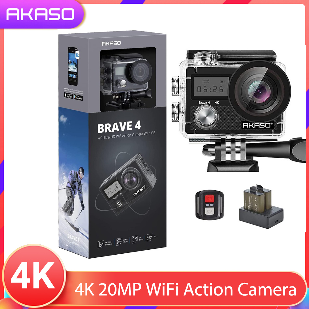 [Upgrade version-support external microphone]AKASO Brave 4 4K 20MP WiFi Action Camera Ultra HD with EIS 30m Underwater Waterproof Camera Remote Control 5X Zoom Underwater Camcorder with 2 Batteries and Helmet Accessories Kit ราคา 2,350 บาท*ส่งฟรี