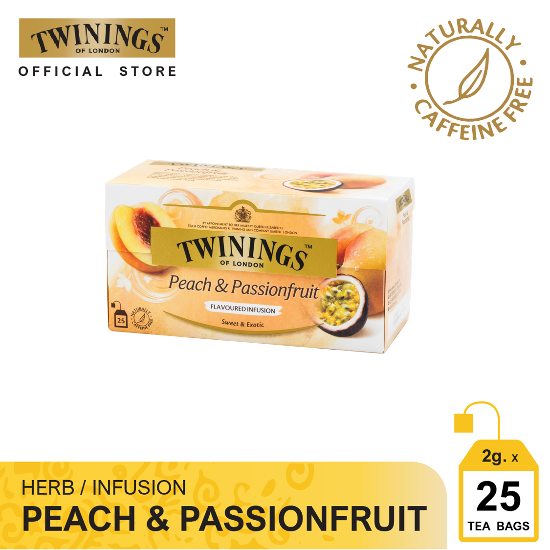 ทไวนิงส์ เครื่องดื่ม พีช เเอนด์ แพชชั่น ฟรุ้ต ชนิดซอง 2 กรัม แพ็ค 25 ซอง Twinings Peach & Passionfruit 2 g. Pack 25 Tea Bags
