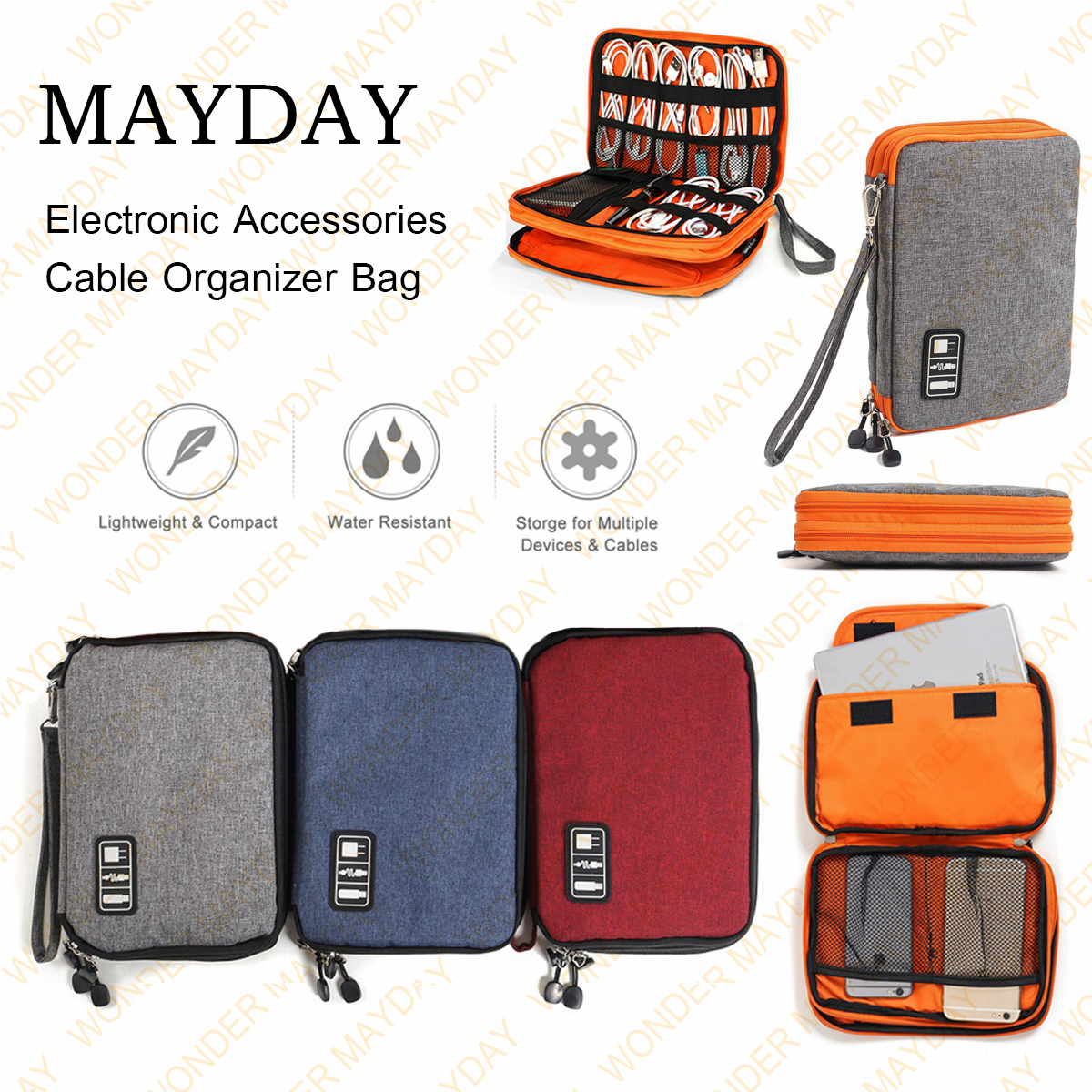 MAYDAY กระเป๋าเก็บอุปกรณ์กันน้ำ Electronics Organizer ข้อมูลสายเคเบิลดิจิตอลกระเป๋าเก็บของ แกดเจ็ตกระเป๋าเก็บอุปกรณ์ แท็บเล็ต 7.9”/10.2”[In Stock/Fast Shipping]