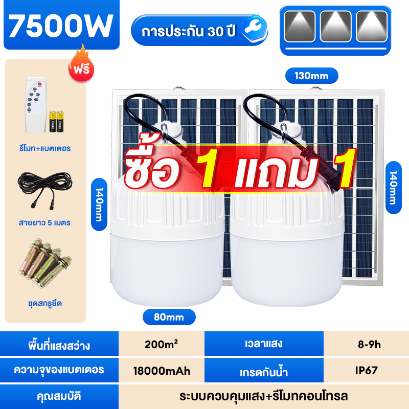 🔥ซื้อ1แถม1🔥 ไฟโซล่าเซลล์ โซล่าเซลล์ 50000W หลอดไฟโซล่าเซลล์ Solar Light LED แสงสีขาว กันน้ำ และกันฝุ่นละออง ชาร์จไฟอัตโนม สว่างมากเป็นพิเศษ รับประกัน 30 ปี