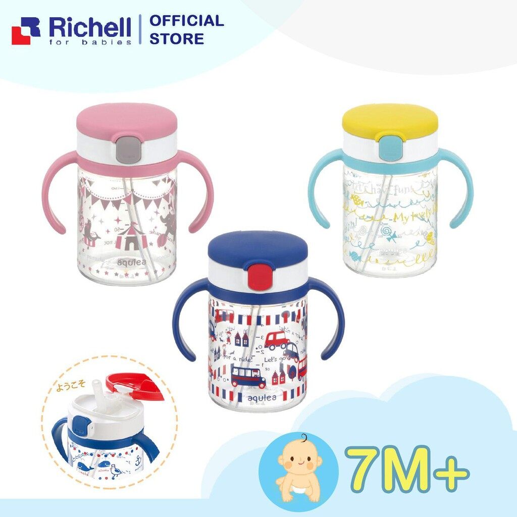 กระติกน้ำ ถ้วยหัดดื่ม ถ้วยหลอดดูดกันสำลัก Richell AQ  straw de mug