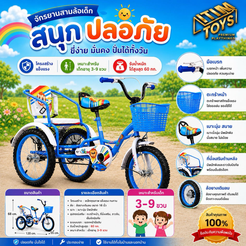 Super Special Price Itimtoys Bicycles, Children's Bicycles, Super Cool 3-Wheeled Children's Bicycles, Has a Back Seat, Very Strong and Durable, 16-Inch Wheels, Model 448-16. ราคา 2,690 บาท*ส่งฟรี