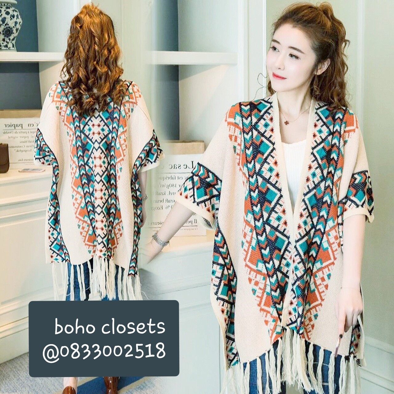 New !!เสื้อคลุมไหมพรมโบฮีเมียน ทรงค้างคาวลายชนเผ่า by boho closets  แต่งชายพู่​ มีกระดุมติดข้างตัว​ ใส่ได้หลายแบบ สามารถเป็นผ้าพันคอก็ได้ค่ะ  ฟรีไซต์​ ใส่ได้ทั้งหญิงและชาย สำหรับใส่เที่ยว กันหนาว ไปทะเลชิวๆ ใส่ไปงานอินเดียน โบฮีเมียน คาวบอย คอนเสริตก็เก๋ๆ