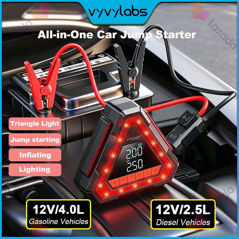 Vyvylabs All-In-One Car Jump Starter Power Bank Portable Air Compressor Triangle Light Inflator Pump Power Station 1500A Battery Starter Auto Booster ราคา 2,920 บาท*ส่งฟรี