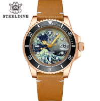นาฬิกาผู้ชาย SteelDive 1953SJ 30ATM NH35 C3 Green Luminous Kanagawa Dial Automatic Bronze Watch CUSN8 Solid Bronze Mens Diving Watch