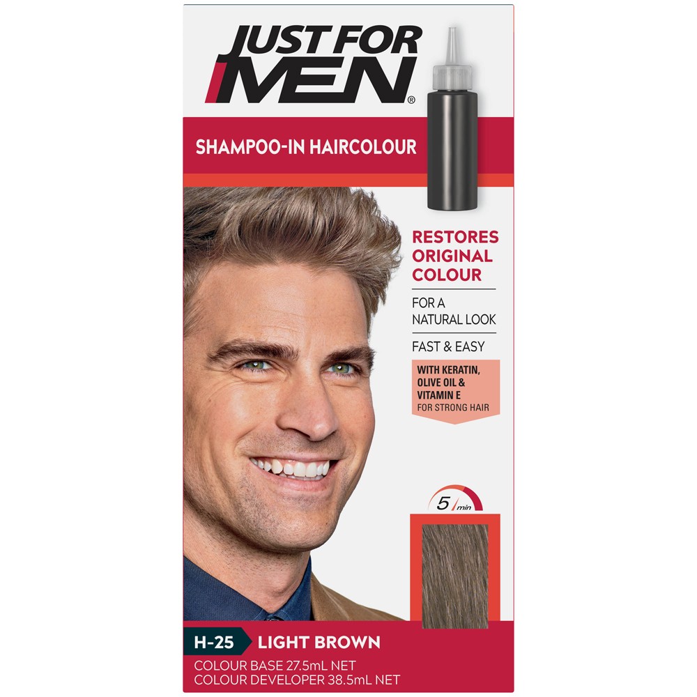 Just For Men Shampoo In HairColour Easy&Fast H-25 Light Brown แชมพูเปลี่ยนสีผมสำหรับผู้ชาย สินค้านำเข้าจากสหรัฐอเมริกาสีน้ำตาลสว่างธรรมชาติ ราคา 1,290 บาท*ส่งฟรี
