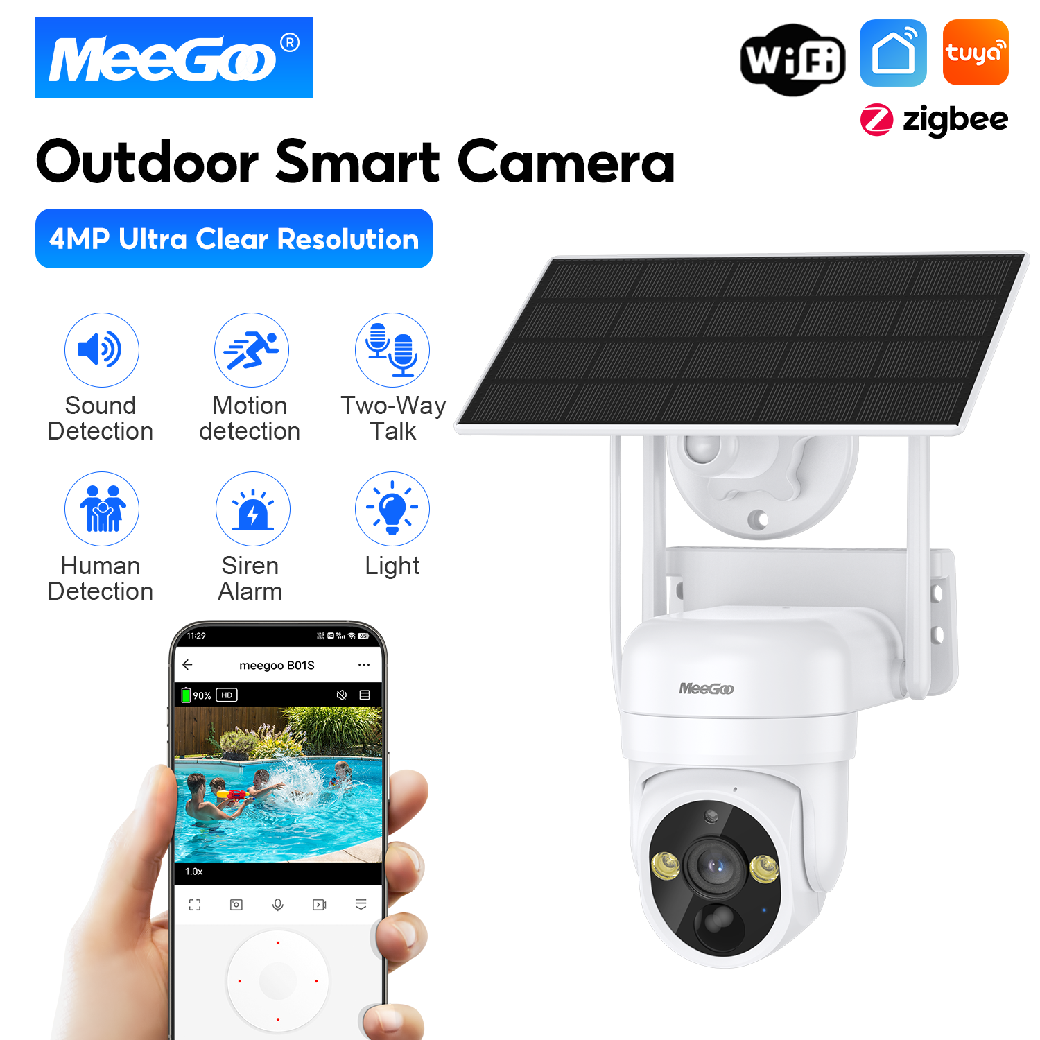 กล้องวงจรปิด กล้องวงจรปิดไร้สาย Wi-Fi MeeGoo Tuya พลังงานแสงอาทิตย์ WiFi กล้อง 4Mp 2560*1440P พลังงานแสงอาทิตย์การติดตามอัตโนมัติกล้องวงจรปิดกล้องเฝ้าระวังความปลอดภัยรองรับมุมมองและรีโมทคอนโทรลผ่านโทรศัพท์มือถือ
