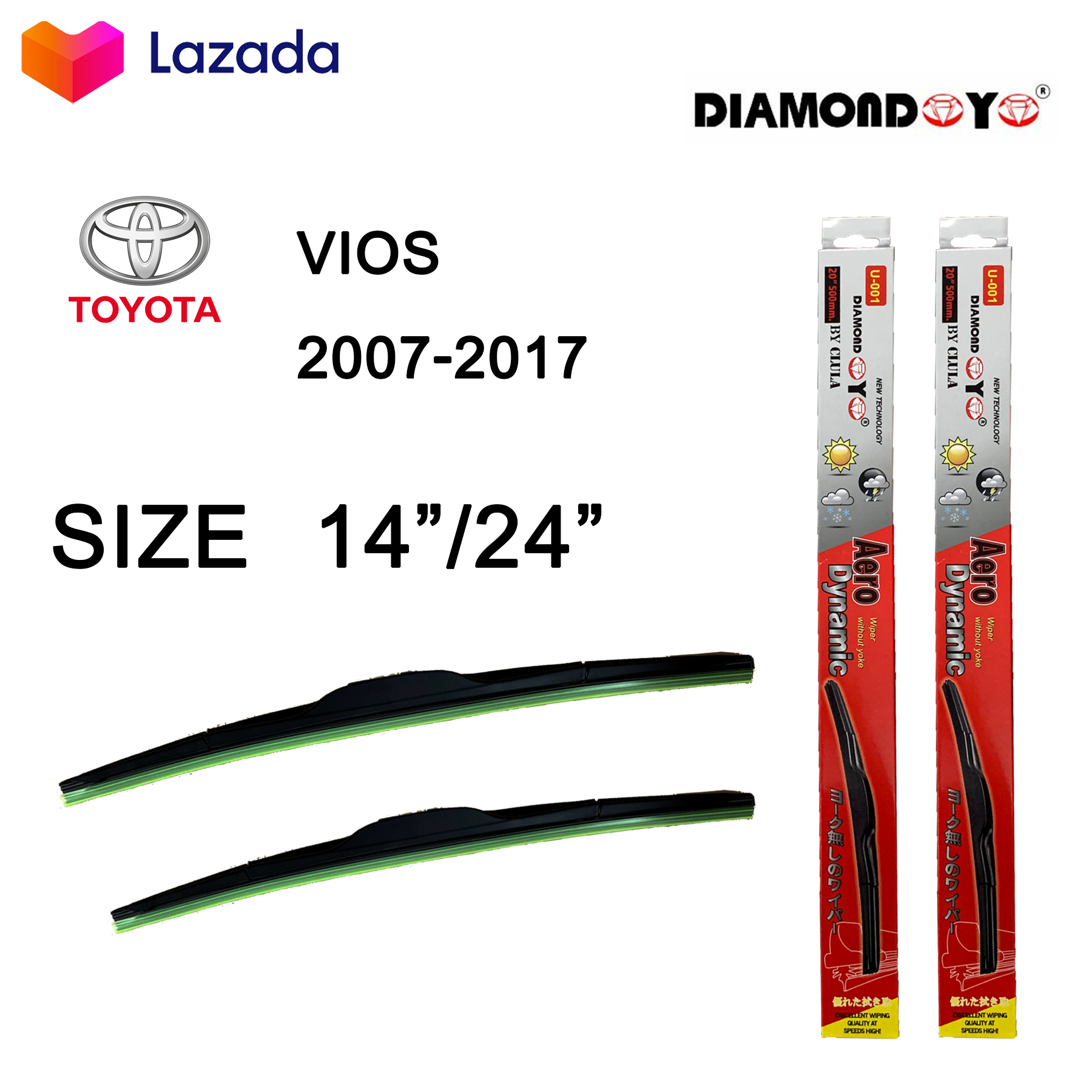 ใบปัดน้ำฝน ที่ปัดน้ำฝน VIOS ปี2007-2017 ขนาด 14 นิ้ว และ 24 นิ้ว Diamond eye วีออส ปี07-17