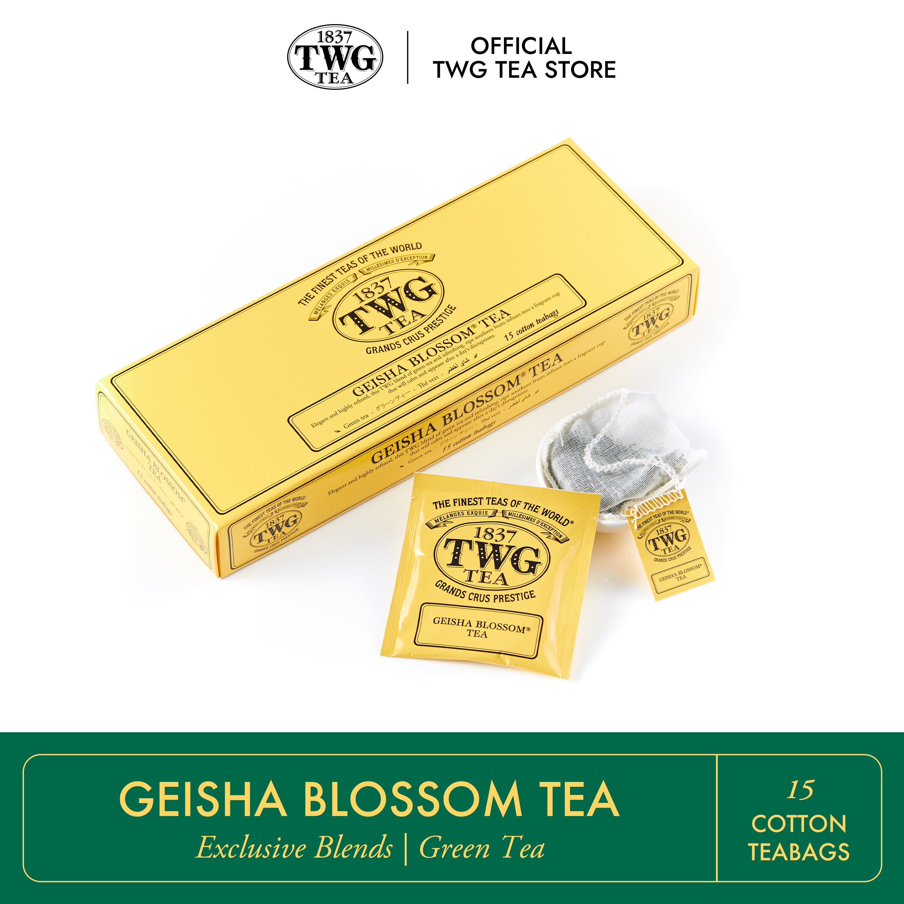 Twg Tea | Geisha Blossom Tea | Green Tea Blend | Cotton Teabag Box 15 Teabags / Tea Tee-Woo-Gee Green Tea Geisha Blossom Tea, Sachet Type, Contains 15 Sachets. ราคา 1,035 บาท*ส่งฟรี