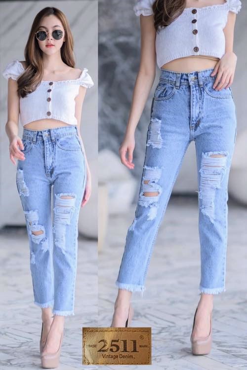 สินค้าเข้าใหม่ 2511 Vintage Jeans by GREATกางเกงยีนส์ กางเกงยีนส์ ผญ Boyfriend Jeans ทรงบอยสลิม สีซีด แต่งขาดแนวเซอร์แบบเท่ๆช่วงขาเล็ก ผ้าไม่ยืด