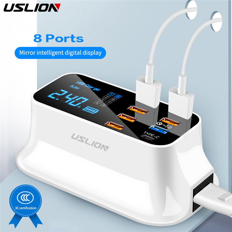USLION อแดปเตอร์ ชาร์จเร์ว 8 Port USB Charger HUB Quick Charge 3.0 LED Display Multi USB Charging Station Mobile Phone Desktop Wall Home US Plug