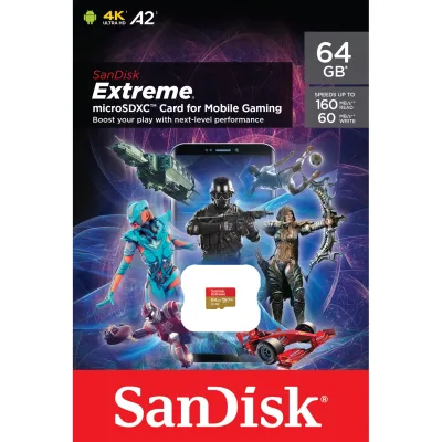 SanDisk Extreme microSDHC, SQXA2 64GB, V30, U3, C10, A1, UHS-1, 100MB/s R, 60MB/s W, 4x6 Mobile Gaming SKU - (SDSQXA2-064G-GN6GN)