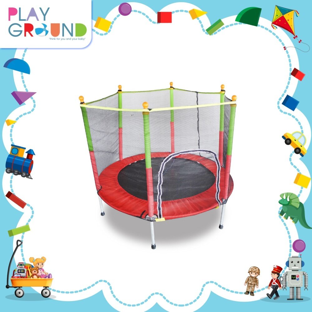 Playground แทรมโพลีน จั้มเปอร์สปริงบอร์ด ขนาด 140 x 122 ซม (4.5 ฟุต) Trampoline jump สำหรับเด็ก มาพร้อมตาข่ายกันตก